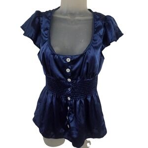 Y2K Sele Satin Babydoll Top Womens M Navy Blue Smocked Empire Waist Puff‎ Sleeve
